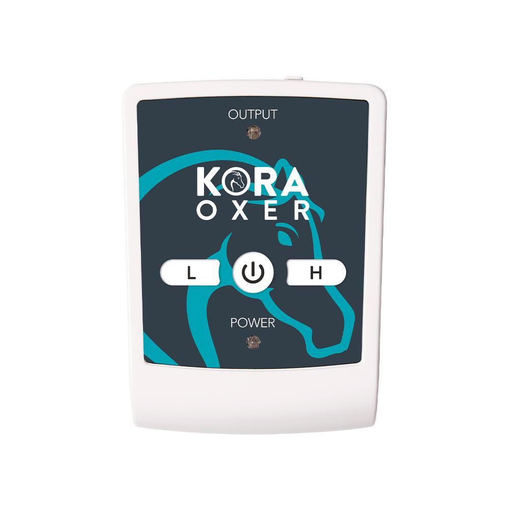 a white device with a blue and white design