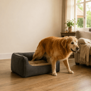Uitgelichte afbeelding - alt-tekst Oudere hond heeft moeite met opstaan uit zijn mand