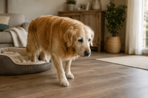 Oude hond wordt stijver en loopt na rust voorzichtig weg