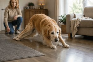Alt-tekst hoofdafbeelding Hond glijdt uit op de vloer met de achterpoten
