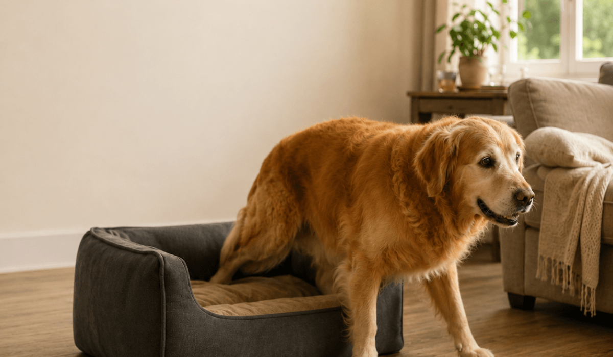 Uitgelichte afbeelding - alt-tekst Oudere hond heeft moeite met opstaan uit zijn mand