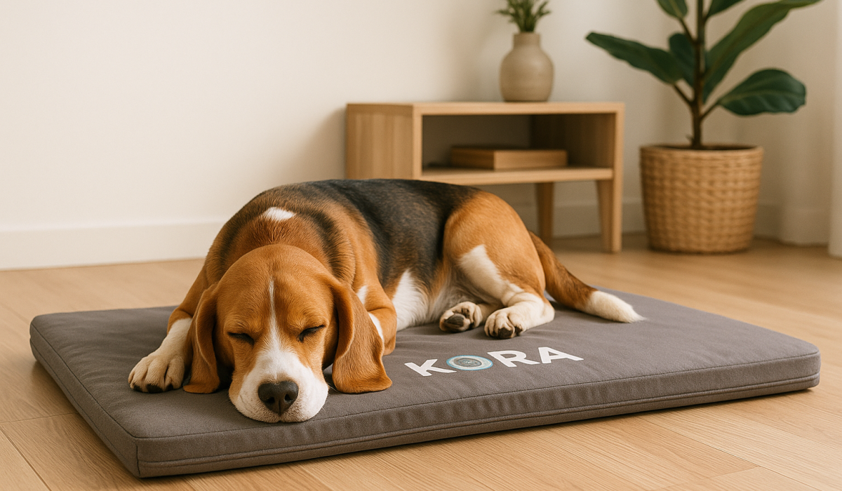 a dog lying on a rug