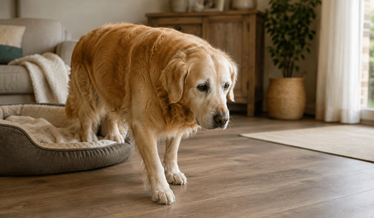 Oude hond wordt stijver en loopt na rust voorzichtig weg