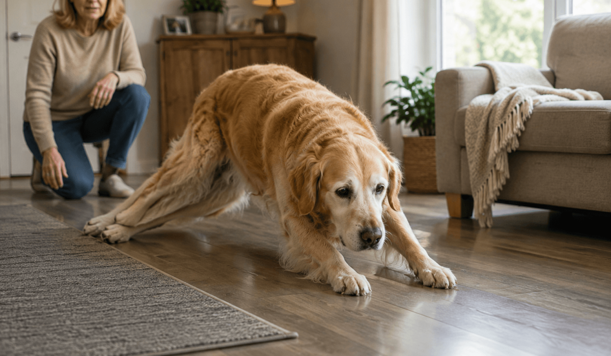 Alt-tekst hoofdafbeelding Hond glijdt uit op de vloer met de achterpoten